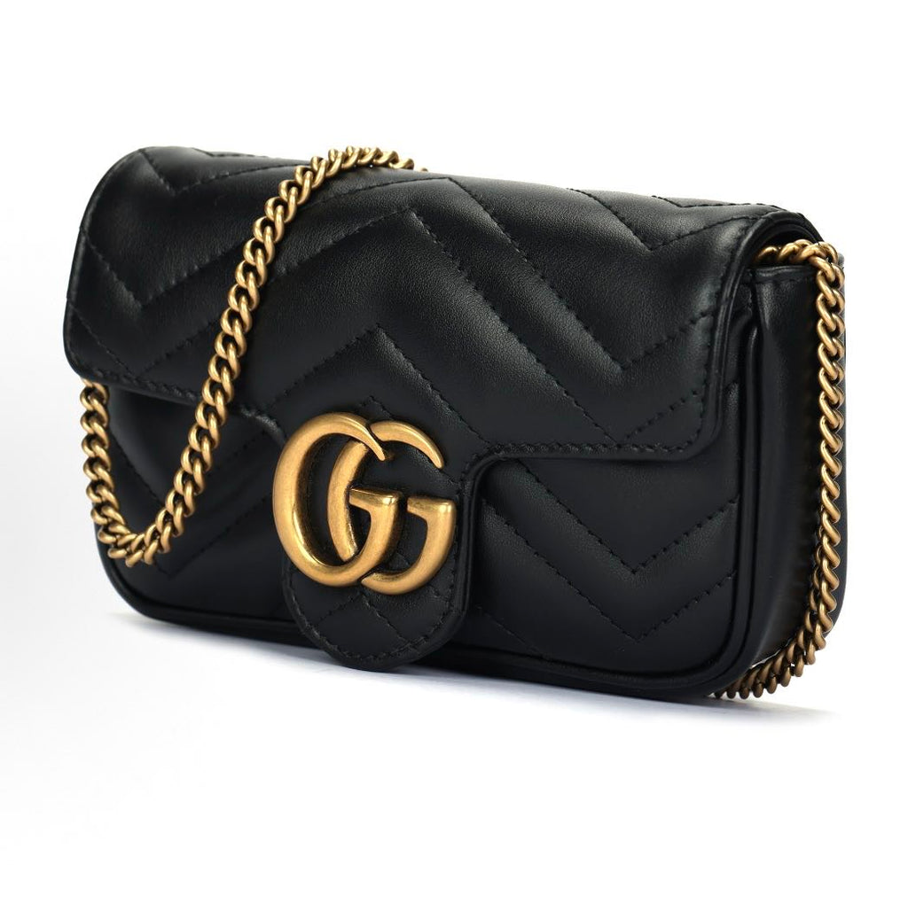 Gucci Calfskin Matelasse Super Mini GG Marmont Shoulder Bag Black