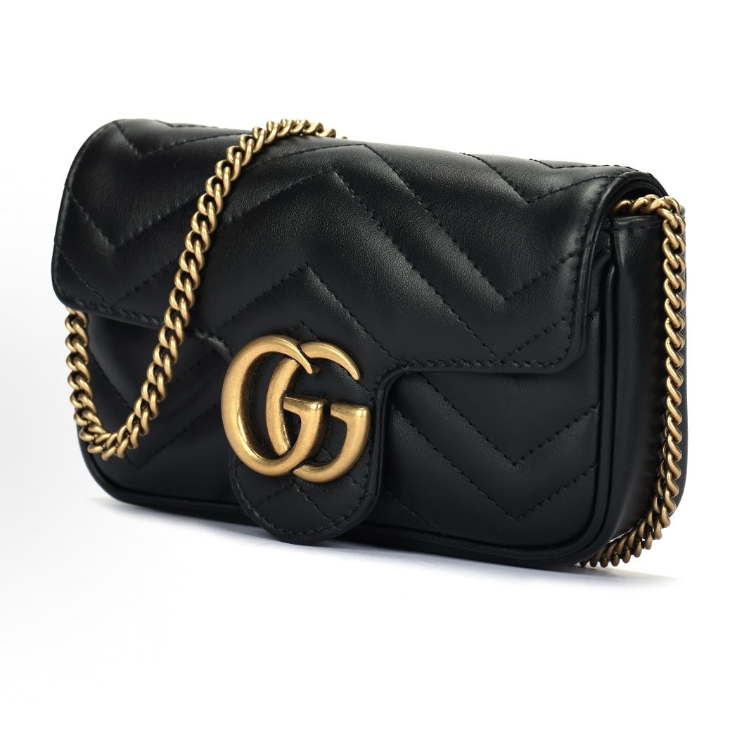 Gucci Calfskin Matelasse Super Mini GG Marmont Shoulder Bag Black